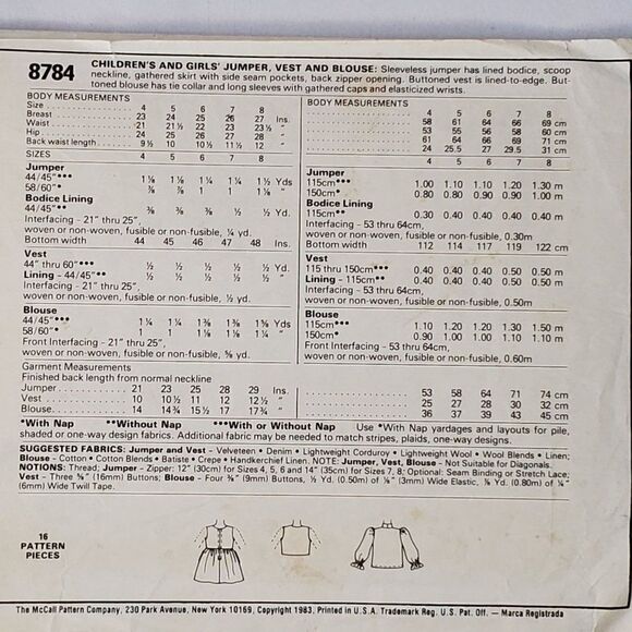 Vintage 80s McCalls Pattern 8784 Girls Jumper Dress Shirt Sz 8 Uncut - Picture 2 of 2